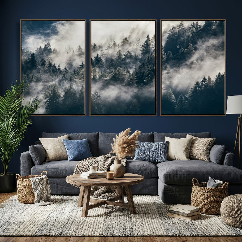 Foggy Mountain Forest Canvas Print, Misty Pine Trees Nature Wall Art