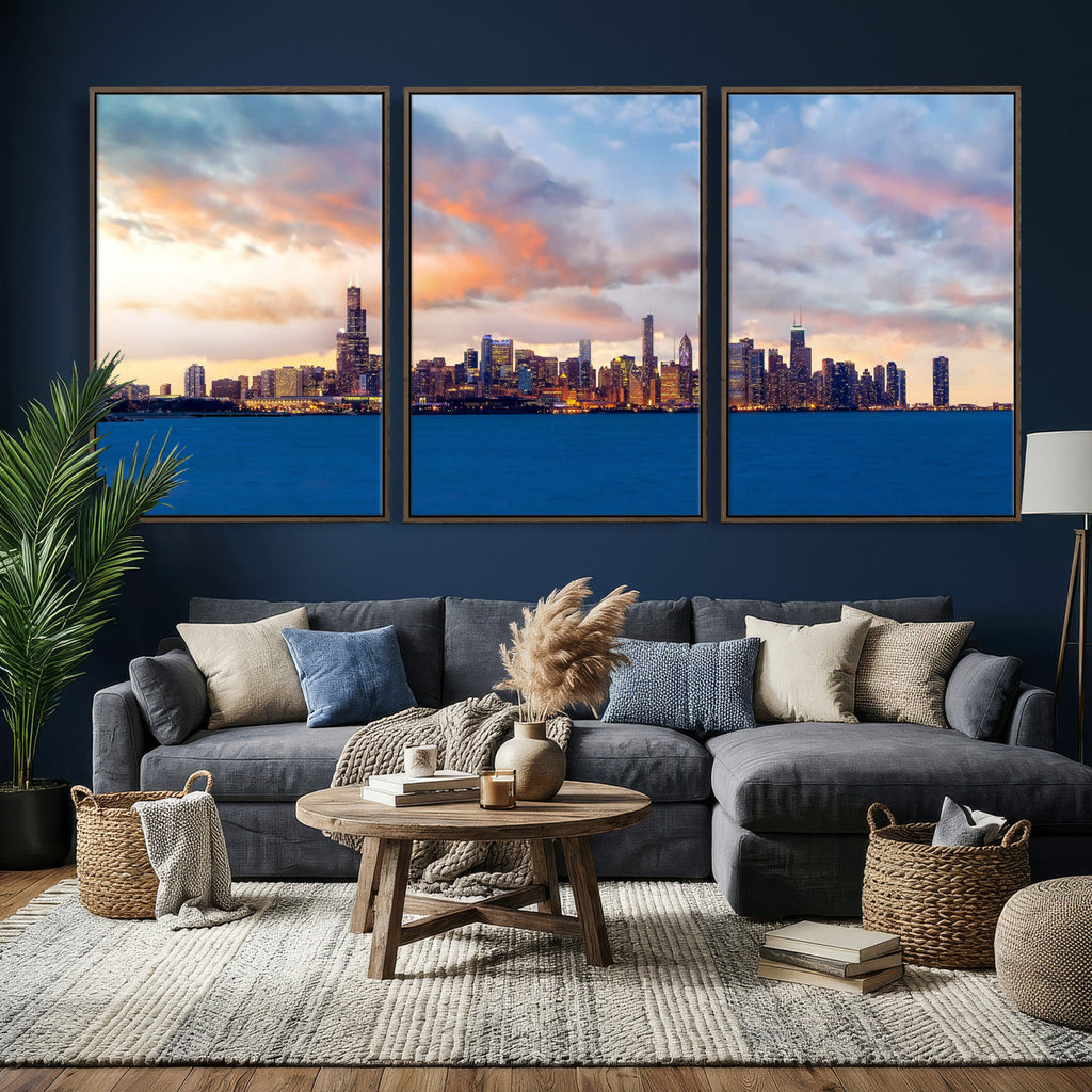 Chicago Wall Art Canvas Print - Chicago City Downtown Night Cityscape