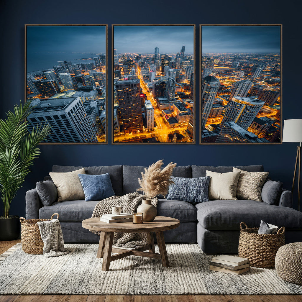 Chicago Wall Art Canvas Print - Chicago City Downtown Night Cityscape