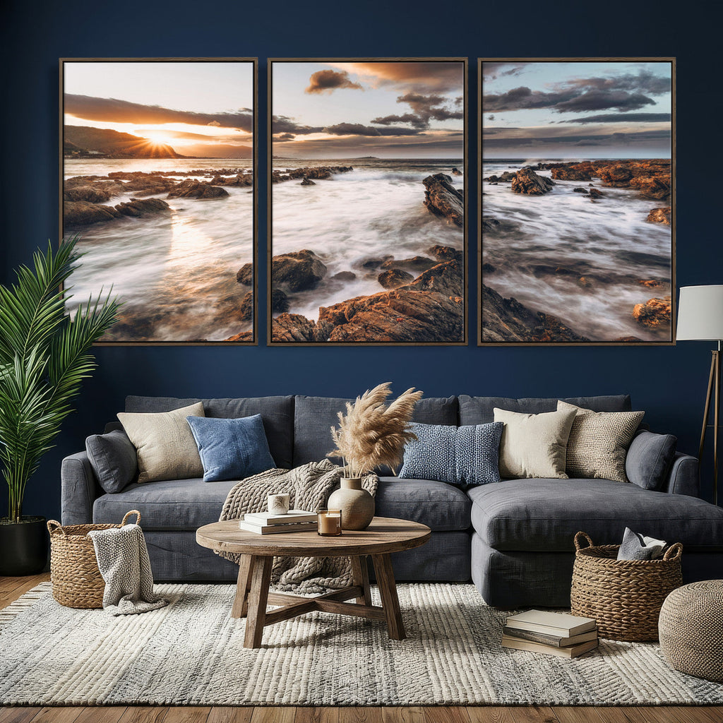 Rocky Coast Ocean Sunset Wall Art Canvas Print, Dramatic Seascape Nature Decor