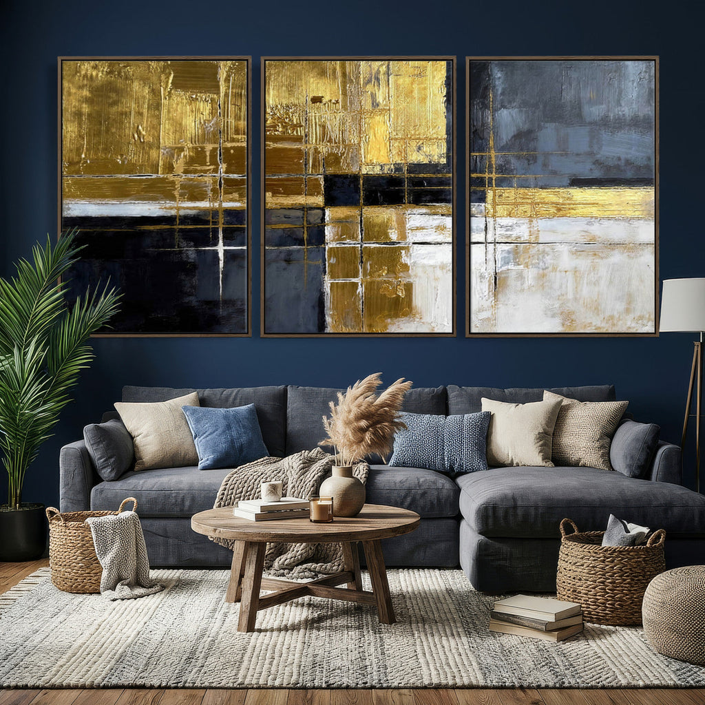 Gold Navy Abstract Wall Art Canvas Print, Modern Luxury Geometric Art for Living Room and Office