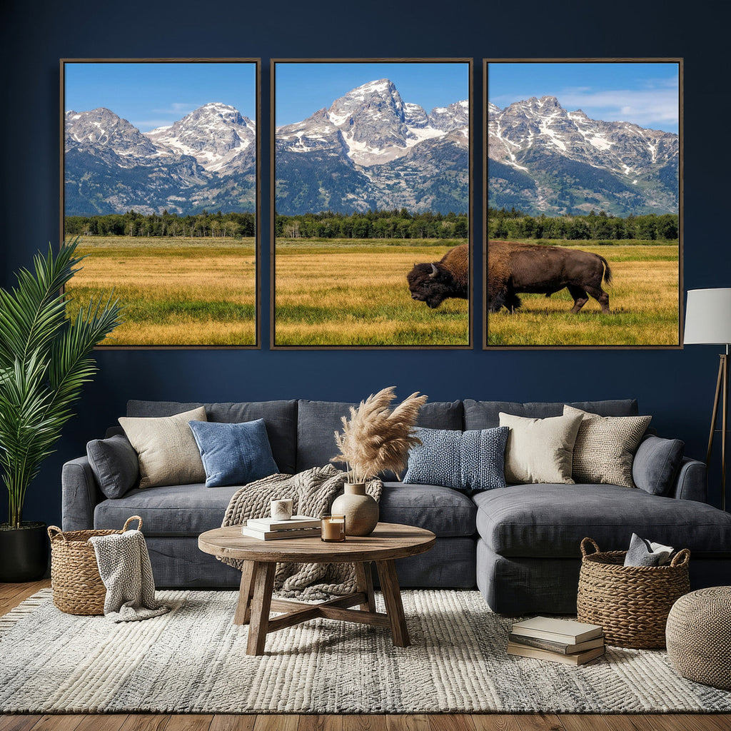 Bison in Mountain Landscape Wall Art Canvas Print, Western Decor