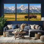 Bison in Mountain Landscape Wall Art Canvas Print, Western Decor