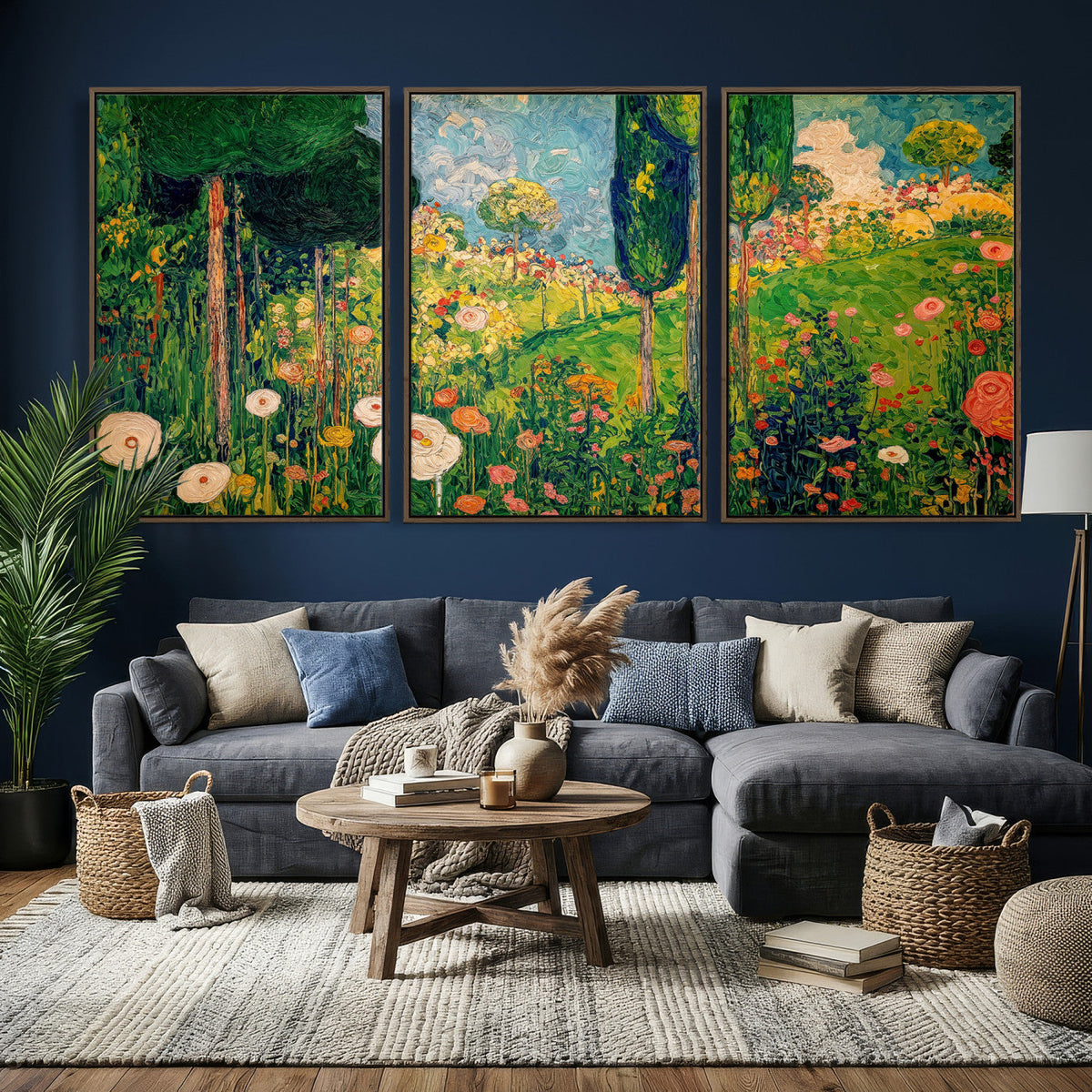 Gustav Klimt Boho Mountain Landscape Large Wall Art, Gold Sun and Flowers Print