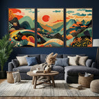 Yayoi Kusama Boho Mountain Landscape Large Wall Art, Gold Sun and Flowers Print