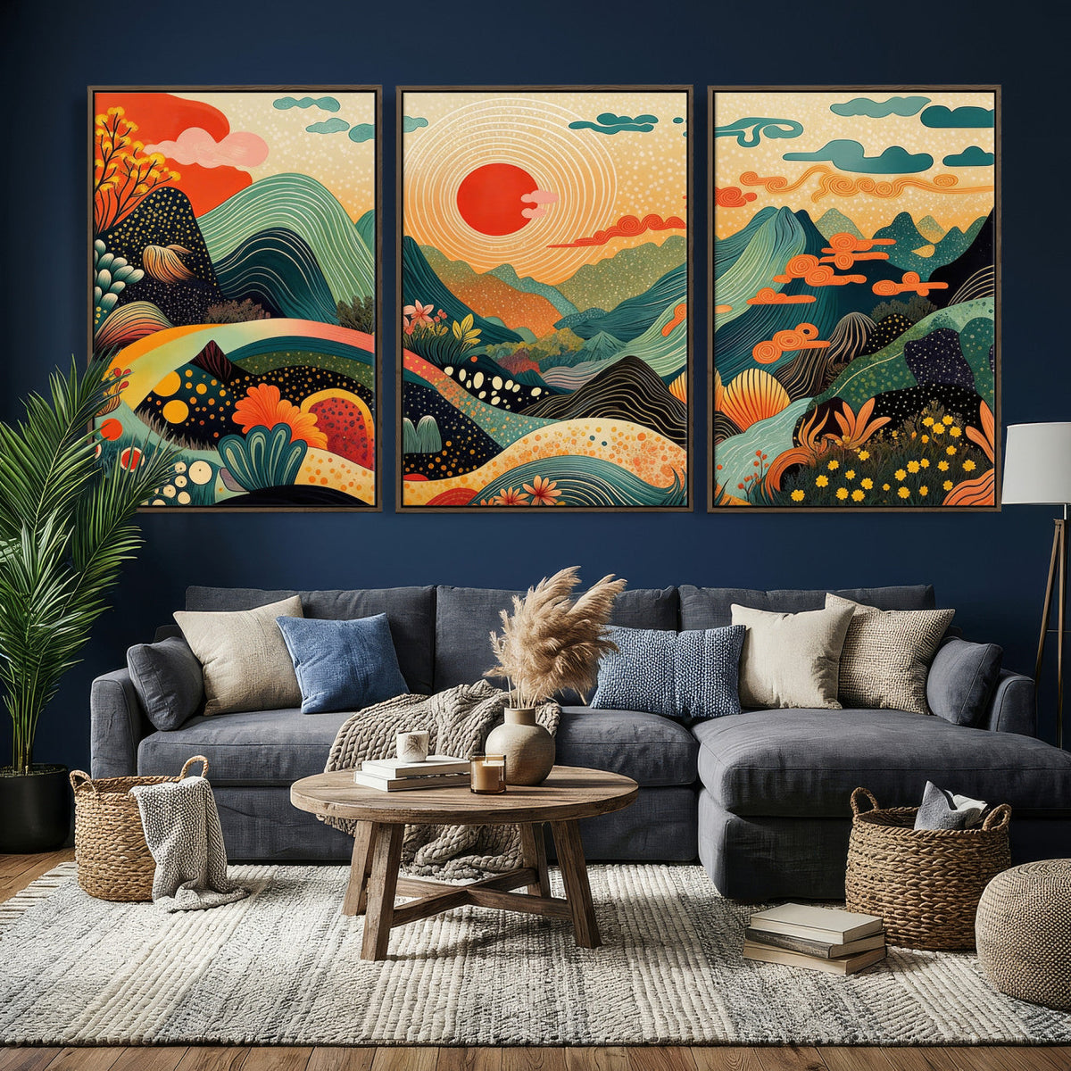 Yayoi Kusama Boho Mountain Landscape Large Wall Art, Gold Sun and Flowers Print