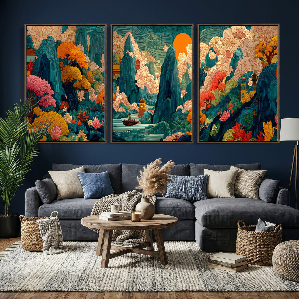 Colorful Japanese Landscape Print: Maximalist Panoramic Wall Art