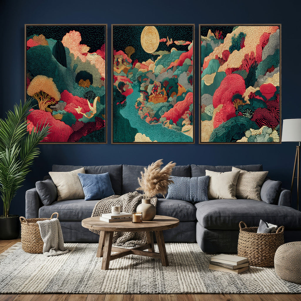 Colorful Japanese Landscape Print: Maximalist Panoramic Wall Art