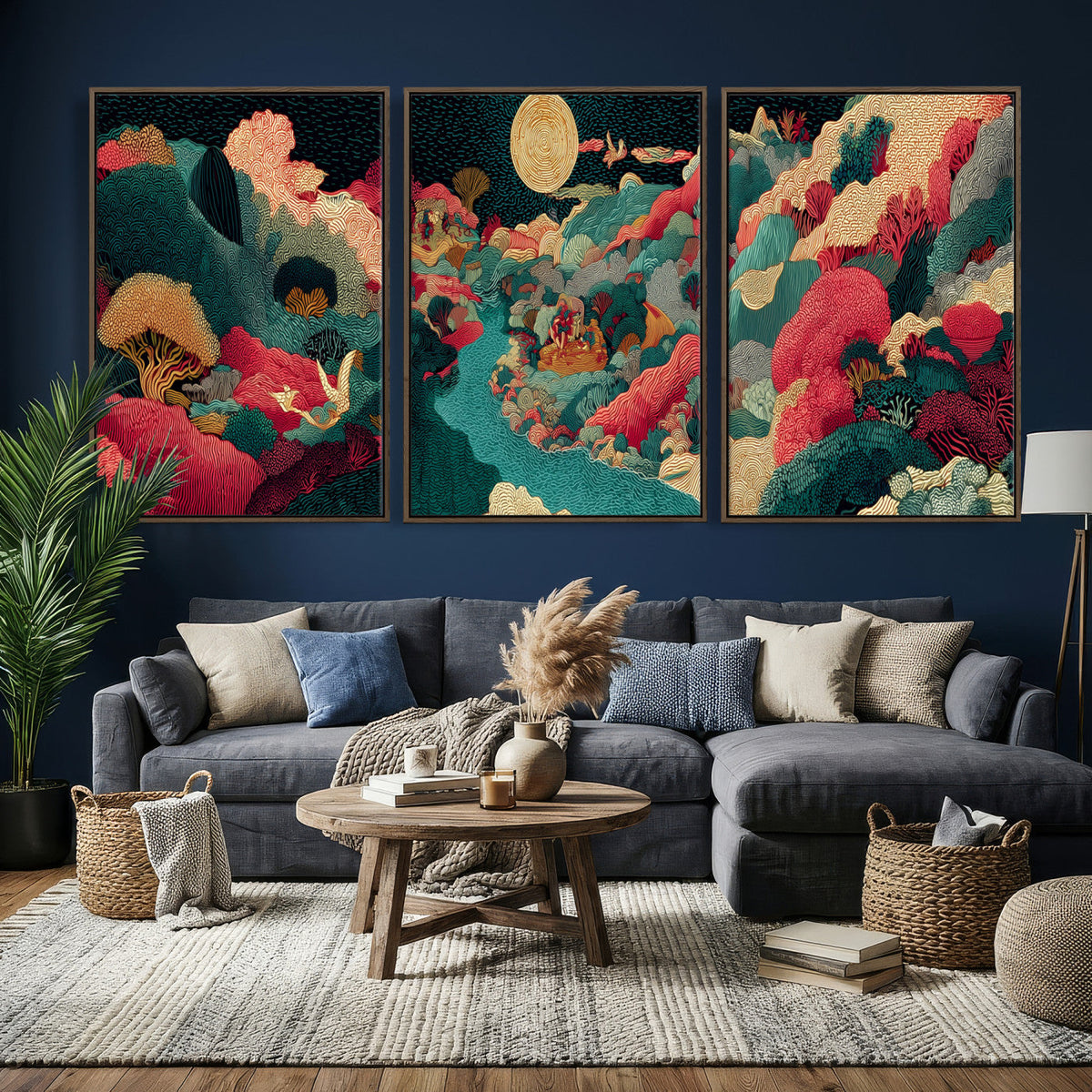 Colorful Japanese Landscape Print: Maximalist Panoramic Wall Art
