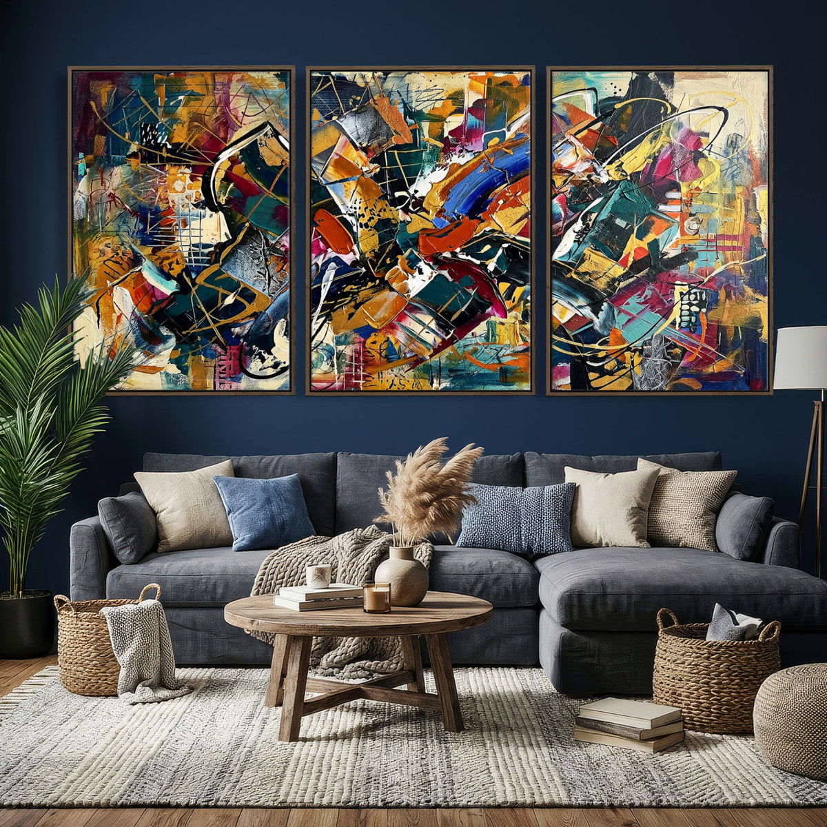 Geometric Abstract Wall Art Canvas Print, Orange Blue