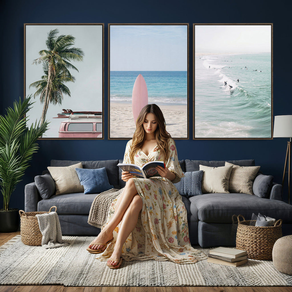 Surf Canvas Wall Art Set, Pink Surfboard VW Van Palm Tree