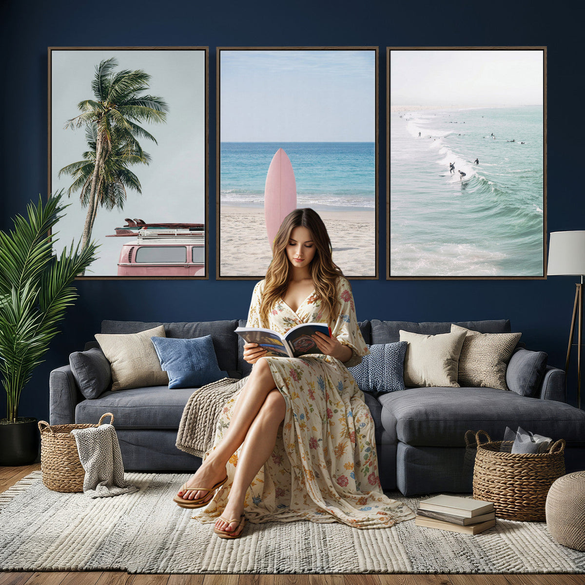 Surf Canvas Wall Art Set, Pink Surfboard VW Van Palm Tree