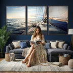 Sailboat Wall Art Canvas Print, Ocean Sunset Sailing Framed Artwork