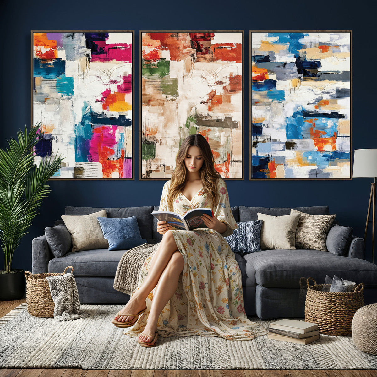 Blue Teal Abstract Canvas Wall Art, Modern Brushstroke Style Print, Navy Orange Contemporary Decor