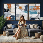 Blue Teal Abstract Canvas Wall Art, Modern Brushstroke Style Print, Navy Orange Contemporary Decor