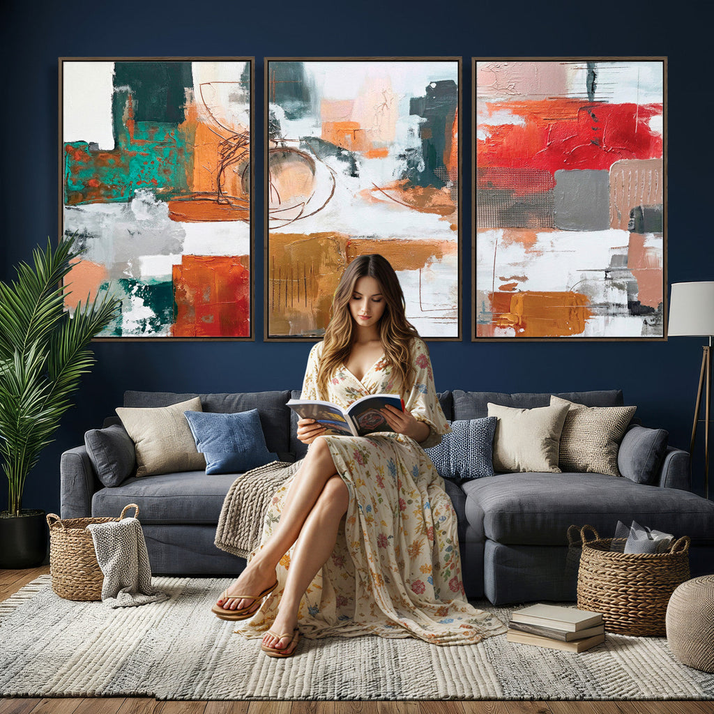 Blue Teal Abstract Canvas Wall Art, Modern Brushstroke Style Print, Navy Orange Contemporary Decor
