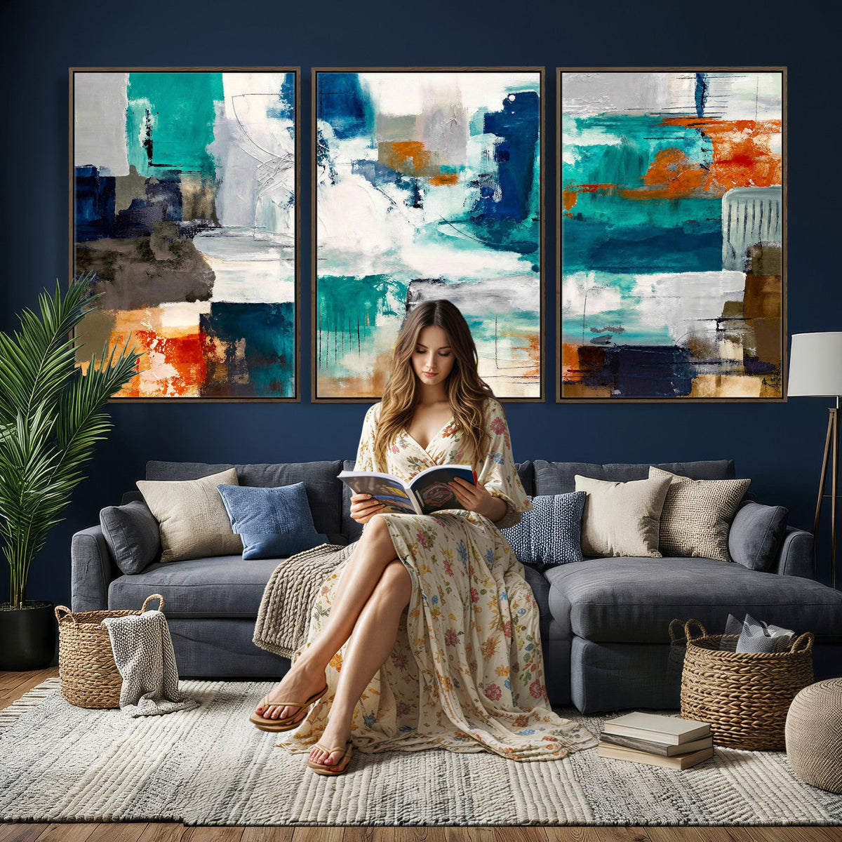 Blue Teal Abstract Canvas Wall Art, Modern Brushstroke Style Print, Navy Orange Contemporary Decor