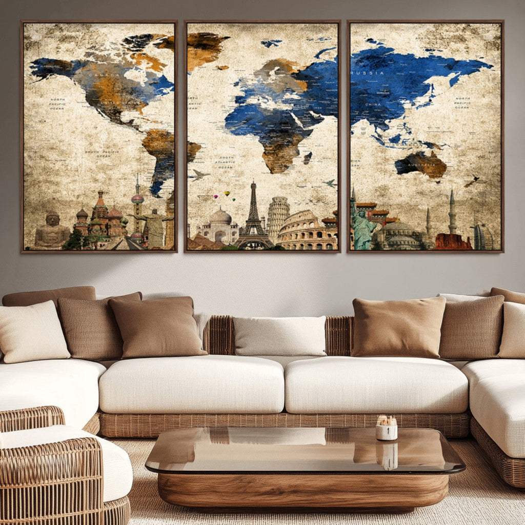 World Map Canvas Print | Vintage Blue and Gold World Map Wall Art
