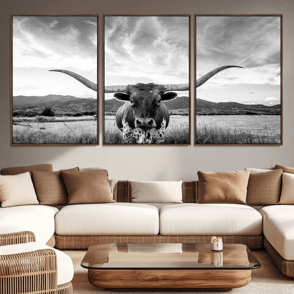 Longhorn Black and White Wall Art | Rustic Western Bull Canvas Print