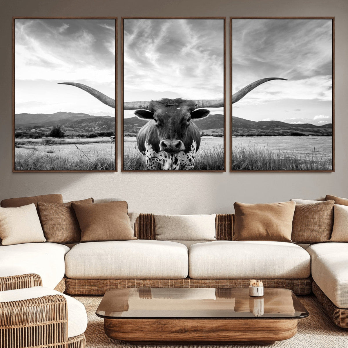Longhorn Black and White Wall Art | Rustic Western Bull Canvas Print