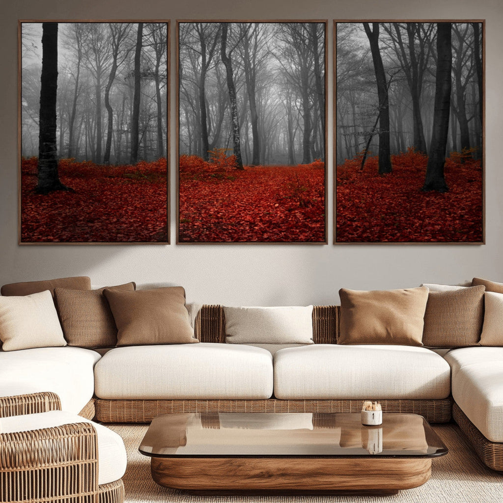 Red Forest Floor Canvas Wall Art | Mystical Foggy Woodland Triptych