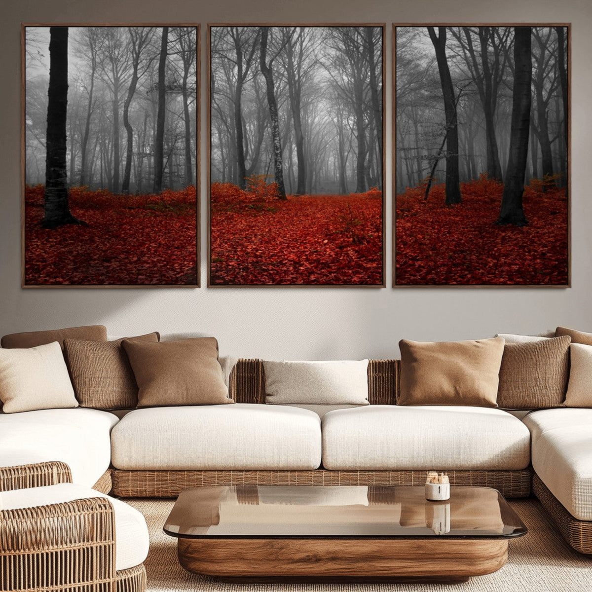Red Forest Floor Canvas Wall Art | Mystical Foggy Woodland Triptych