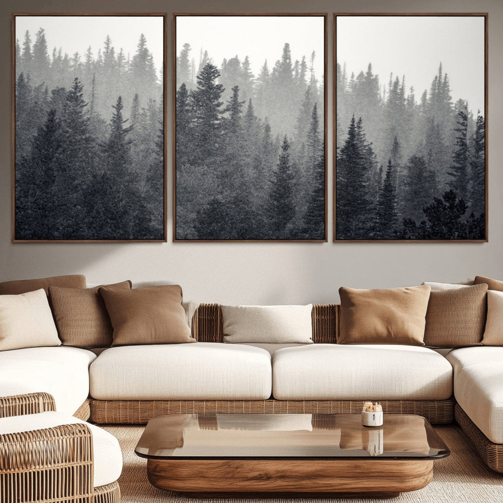 Misty Forest Canvas Wall Art | Monochrome Triptych Pine Tree Print