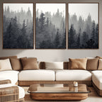 Misty Forest Canvas Wall Art | Monochrome Triptych Pine Tree Print