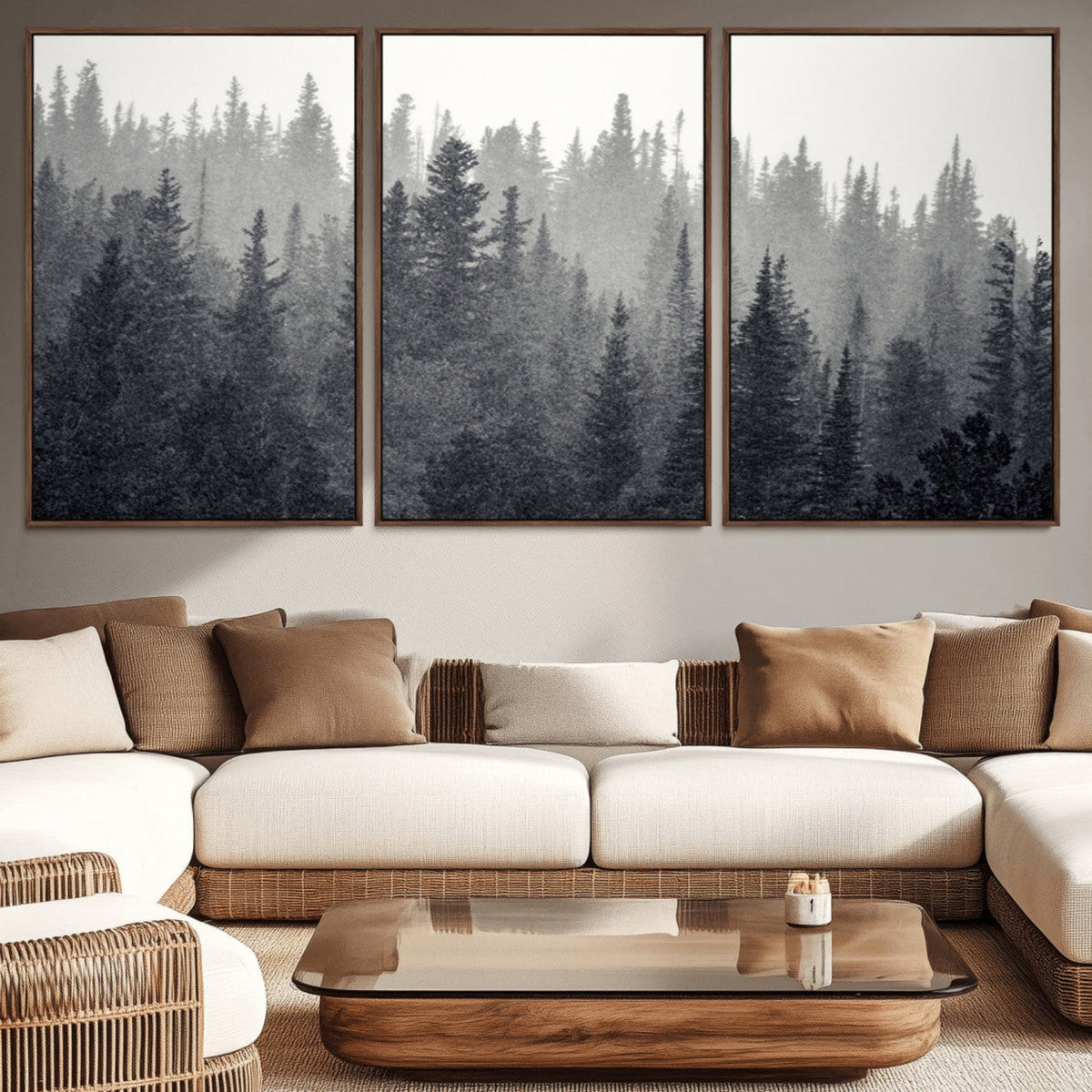Misty Forest Canvas Wall Art | Monochrome Triptych Pine Tree Print