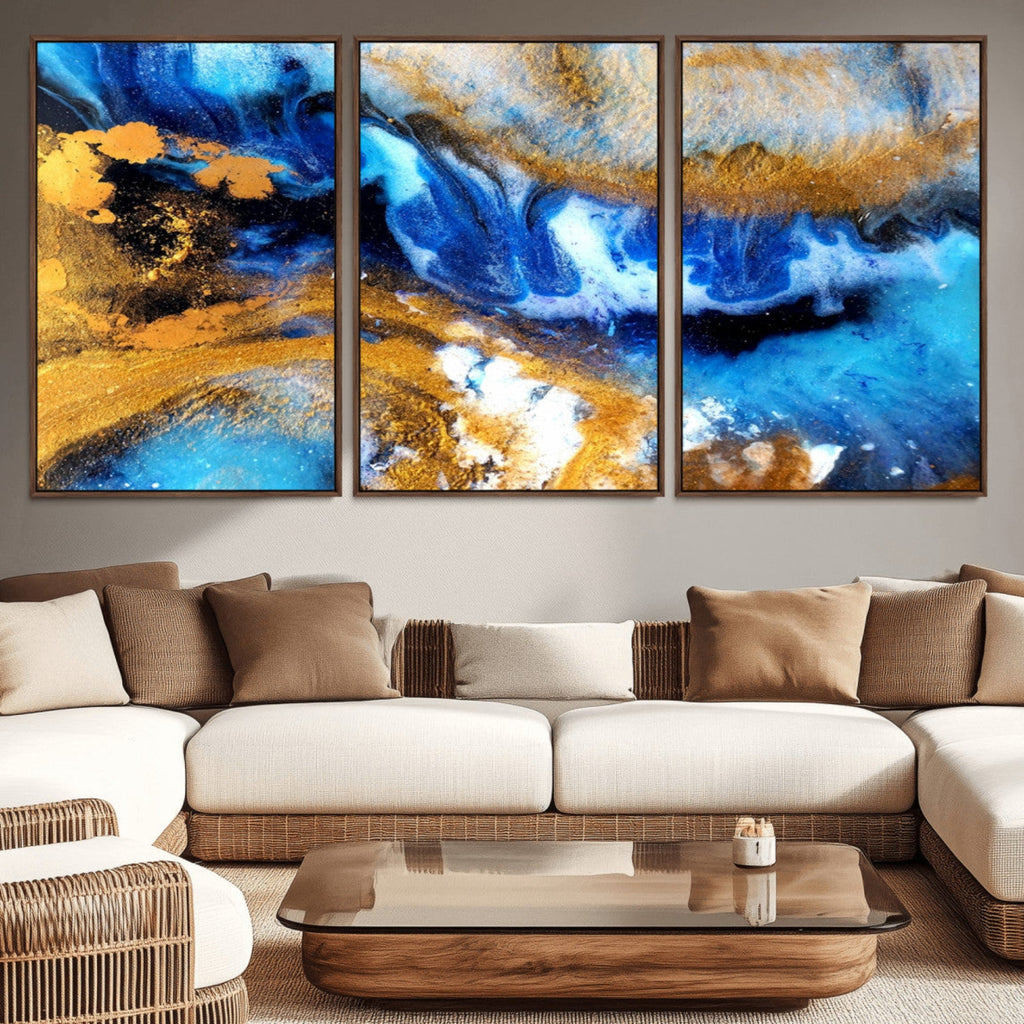 Blue Orange Marble Fluid Effect Canvas Wall Art Print