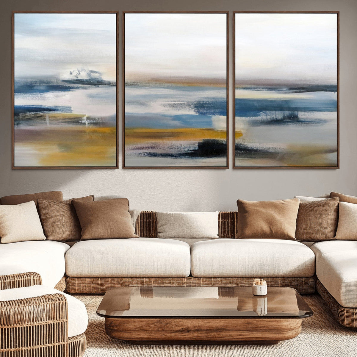 Abstract Landscape Wall Art Canvas | 3 Panel Modern Blue, Gold and White Canvas Art