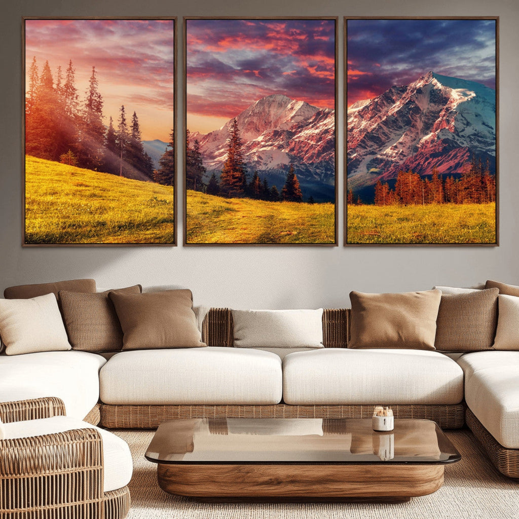 Mountain and Daylight Red Sunset Wall Art Canvas Print