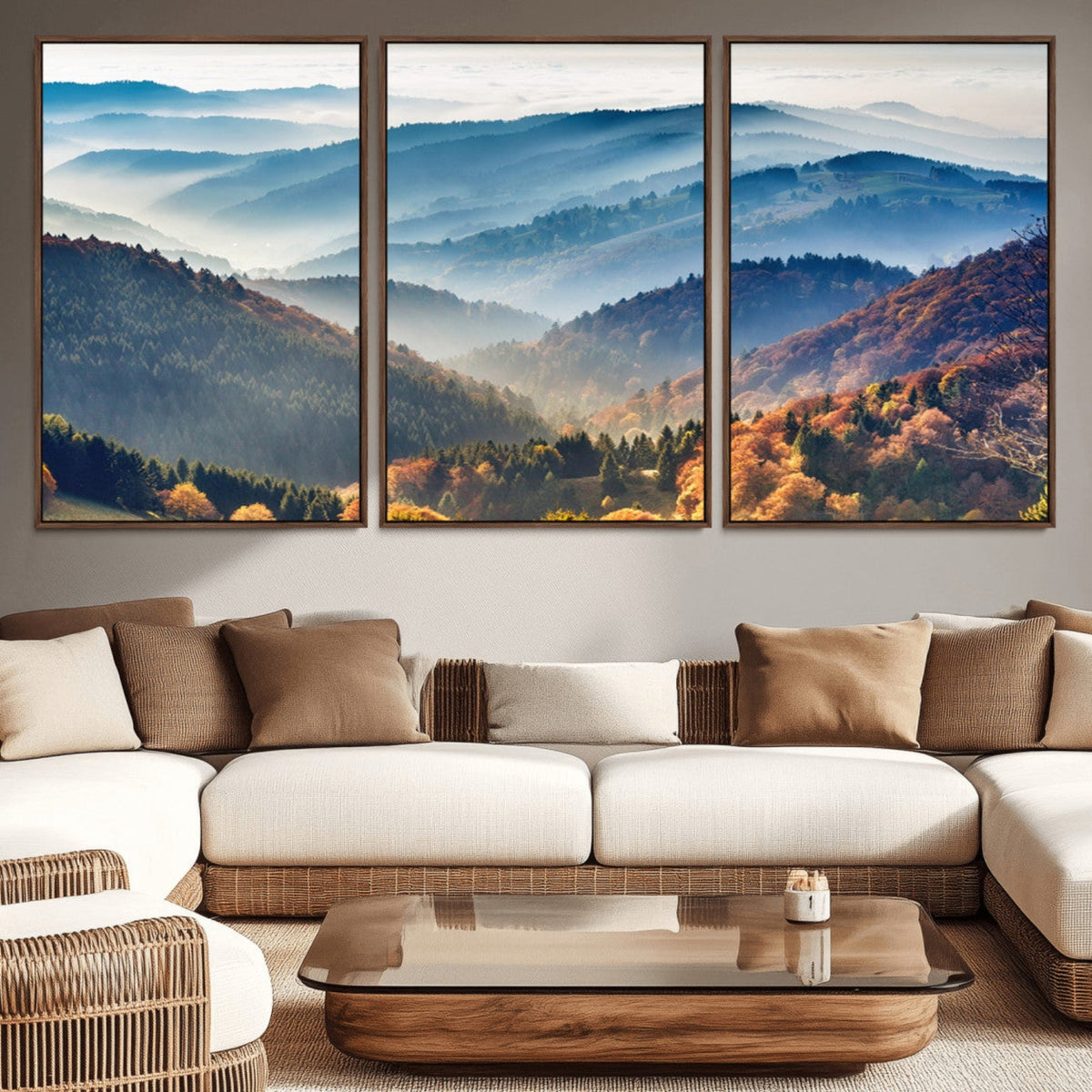 Misty Mountain Sunrise Triptych Canvas Print | Autumn Landscape Wall Art
