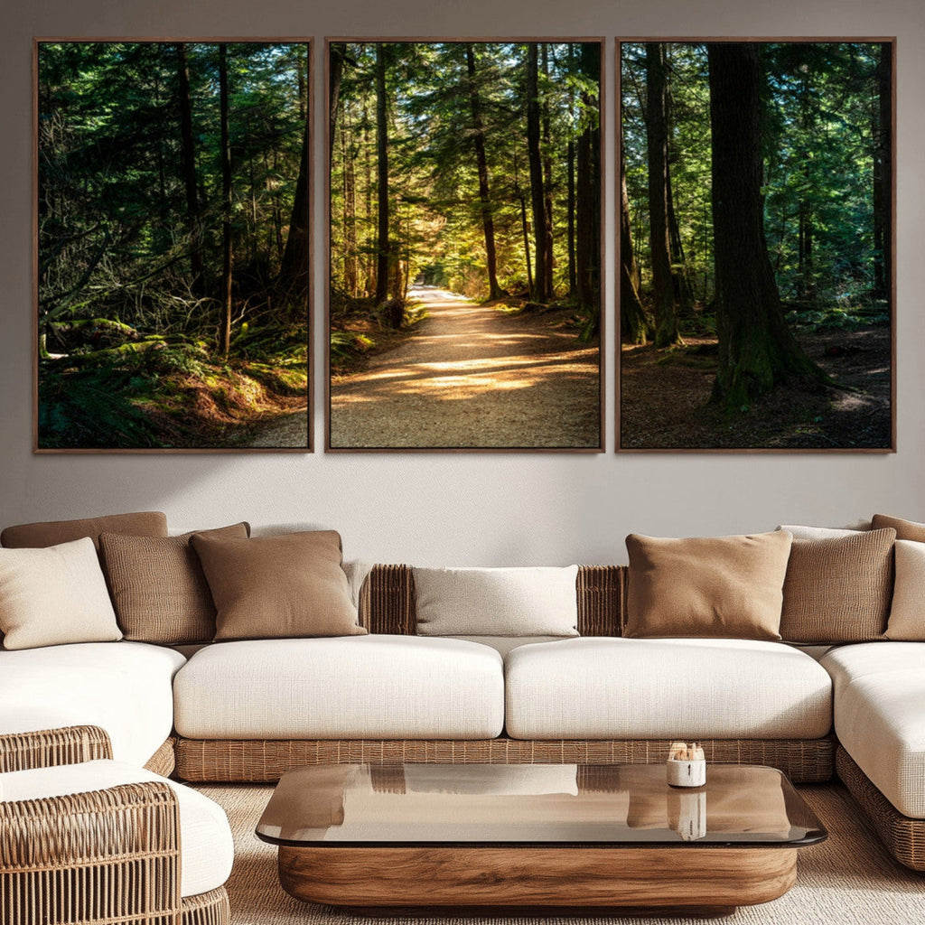 Sunlit Forest Pathway Canvas Print | 3 Panel Large Nature Wall Art