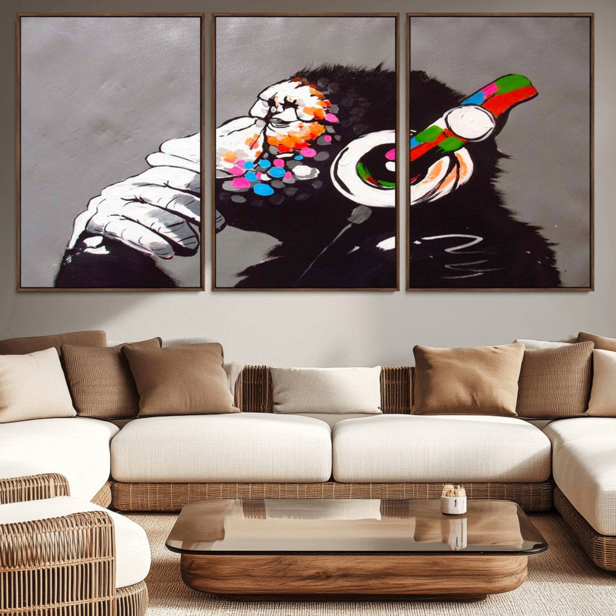 DJ Monkey Listening to Music Wall Art Print | Banksy Monkey Large Canvas Print
