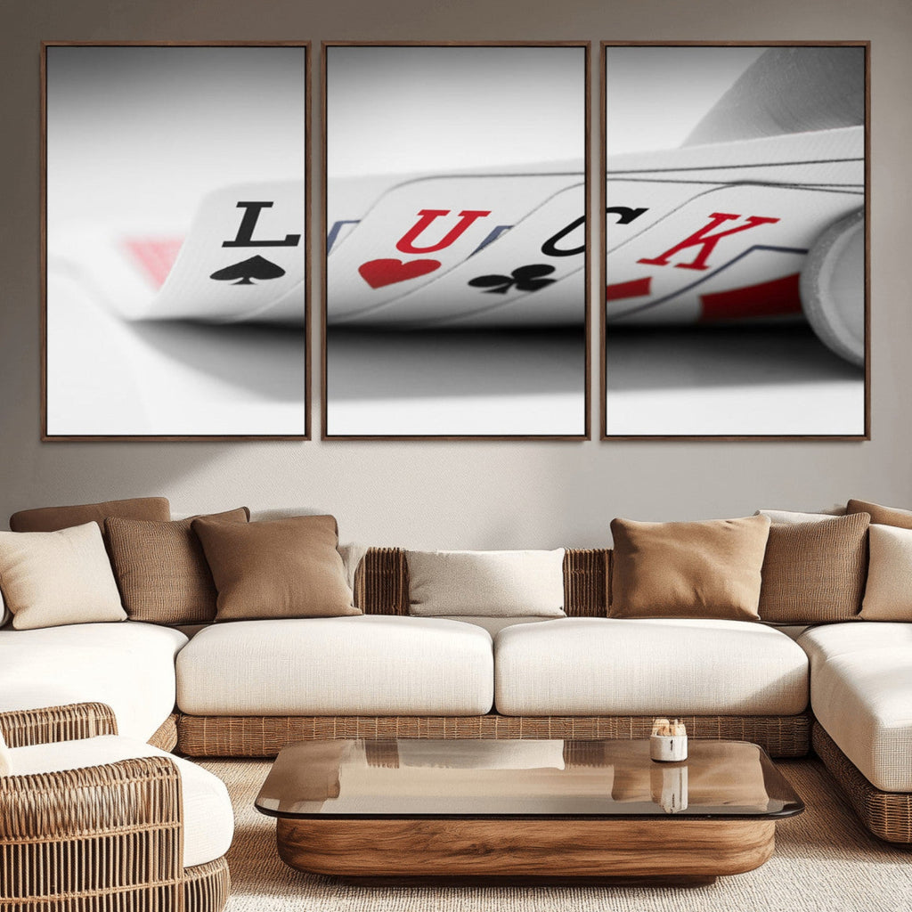 Framed Lucky Poker Cards Canvas | Modern Triptych Wall Art for Game Rooms
