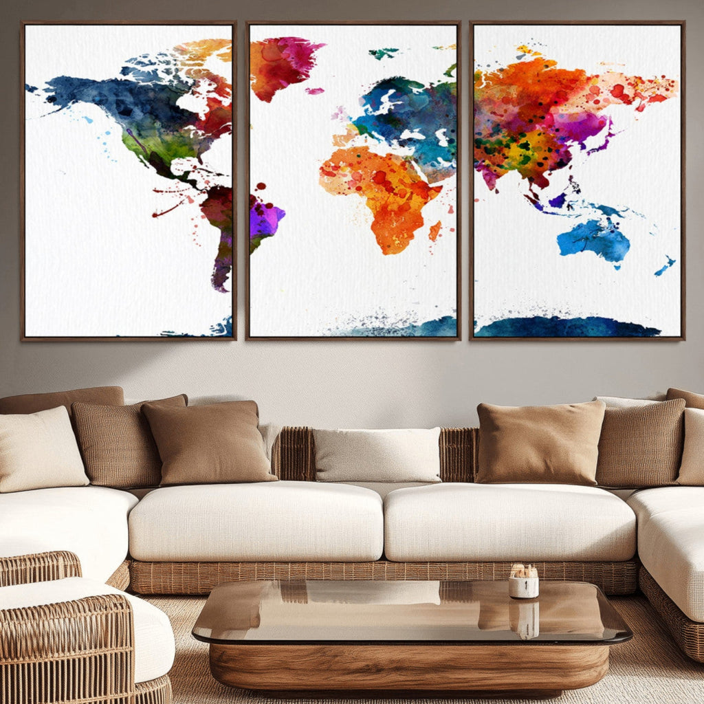 Bold Colorful World Map Canvas Print | Detailed Map of the World Wall Art
