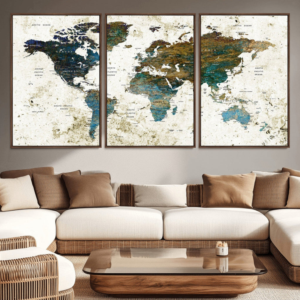 Vintage World Map Wall Art Canvas Print, Framed Rustic Earth Tone Map