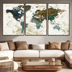 Vintage World Map Wall Art Canvas Print, Framed Rustic Earth Tone Map