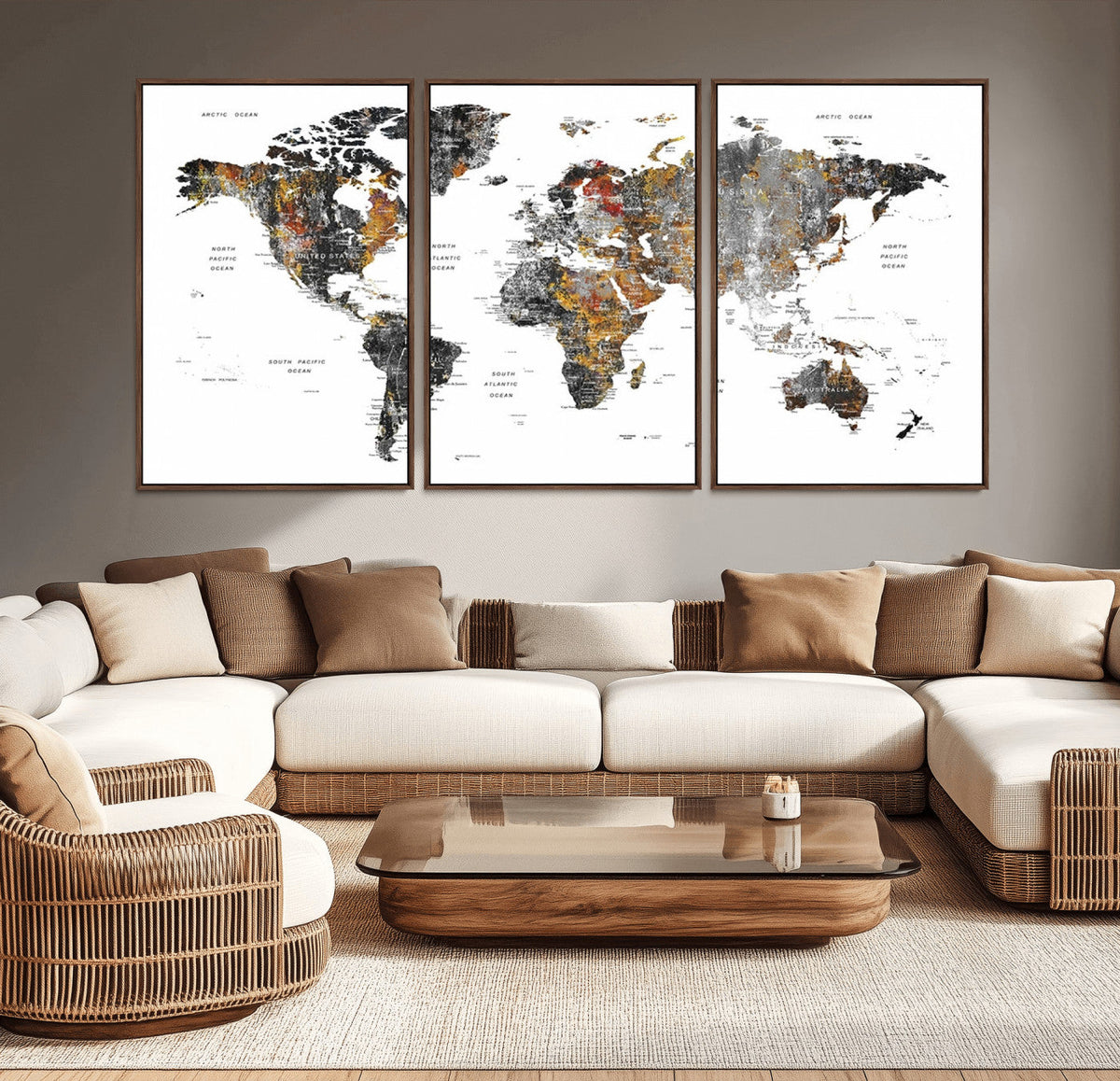 Modern Metallic World Map Canvas Wall Art | Framed Contemporary World Map Print