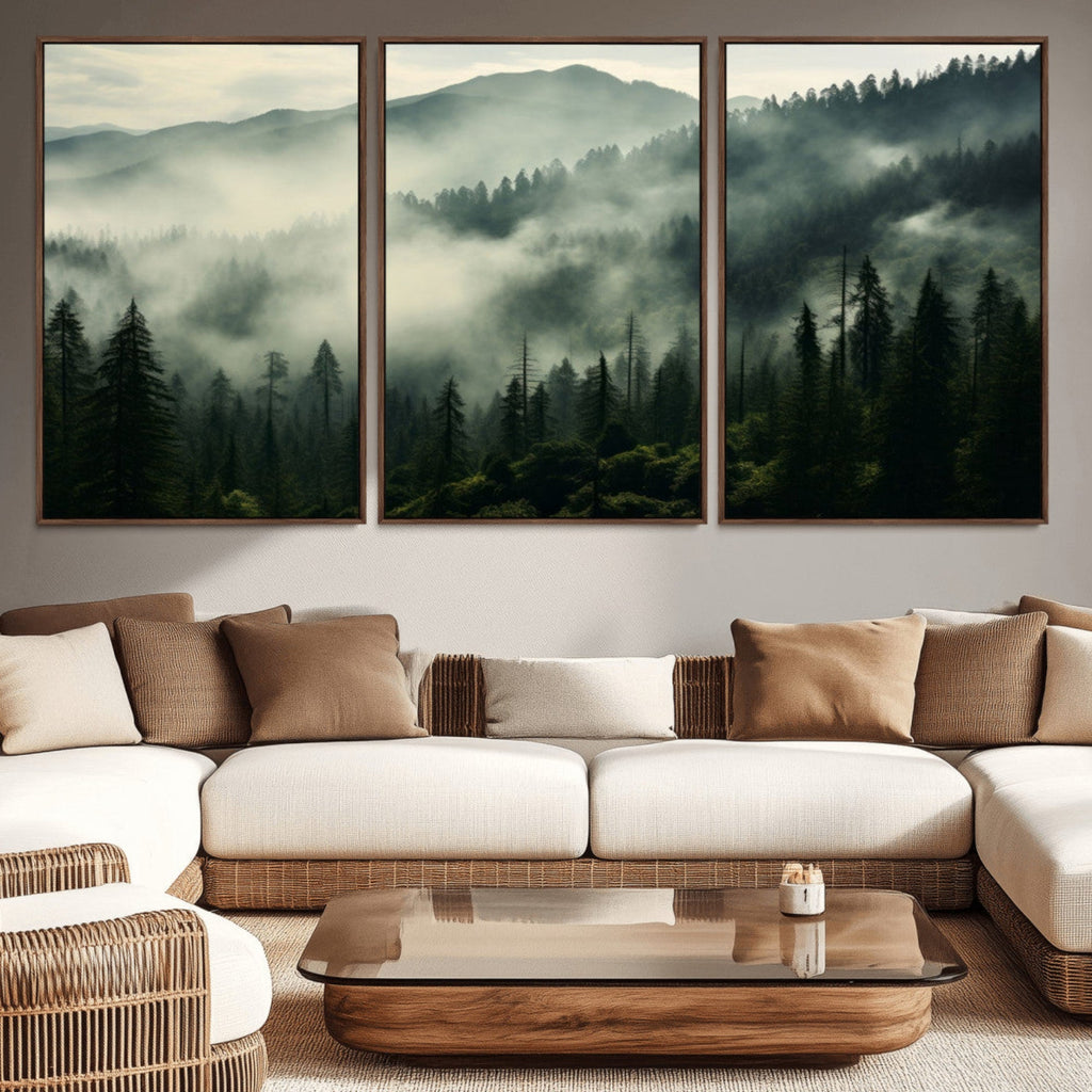 Captivating Misty Forest Wall Art Premium Canvas Print, A Foggy and Serene Atmosphere