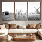 Vintage Farmhouse Black and White Triptych Wall Art, Giclee Canvas with Wheat Fields, Hay Bales and Windmill