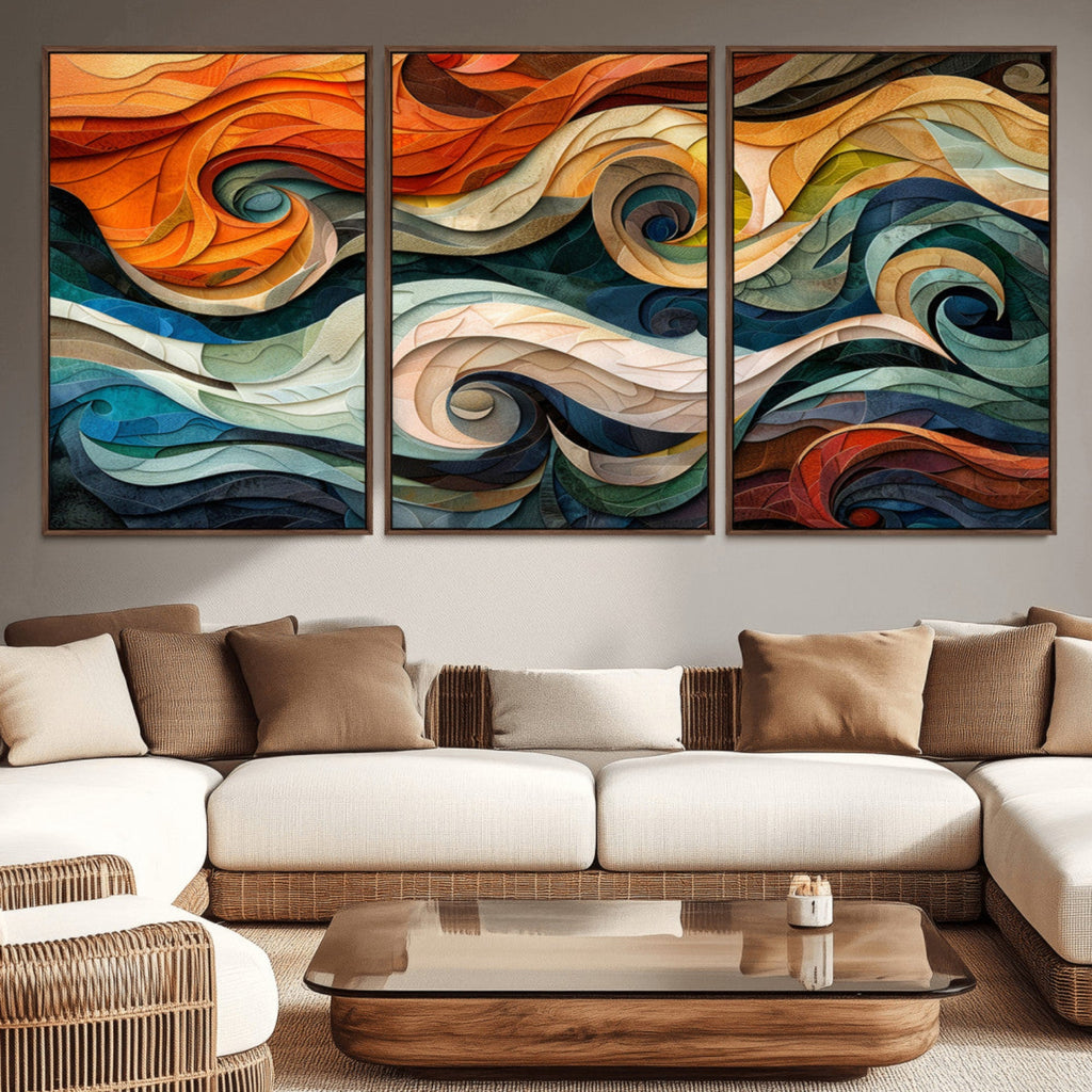 Abstract Wave Wall Art, Ready to Hang Framed Canvas Print | Extra Large 3 Piece Canvas Wall Art