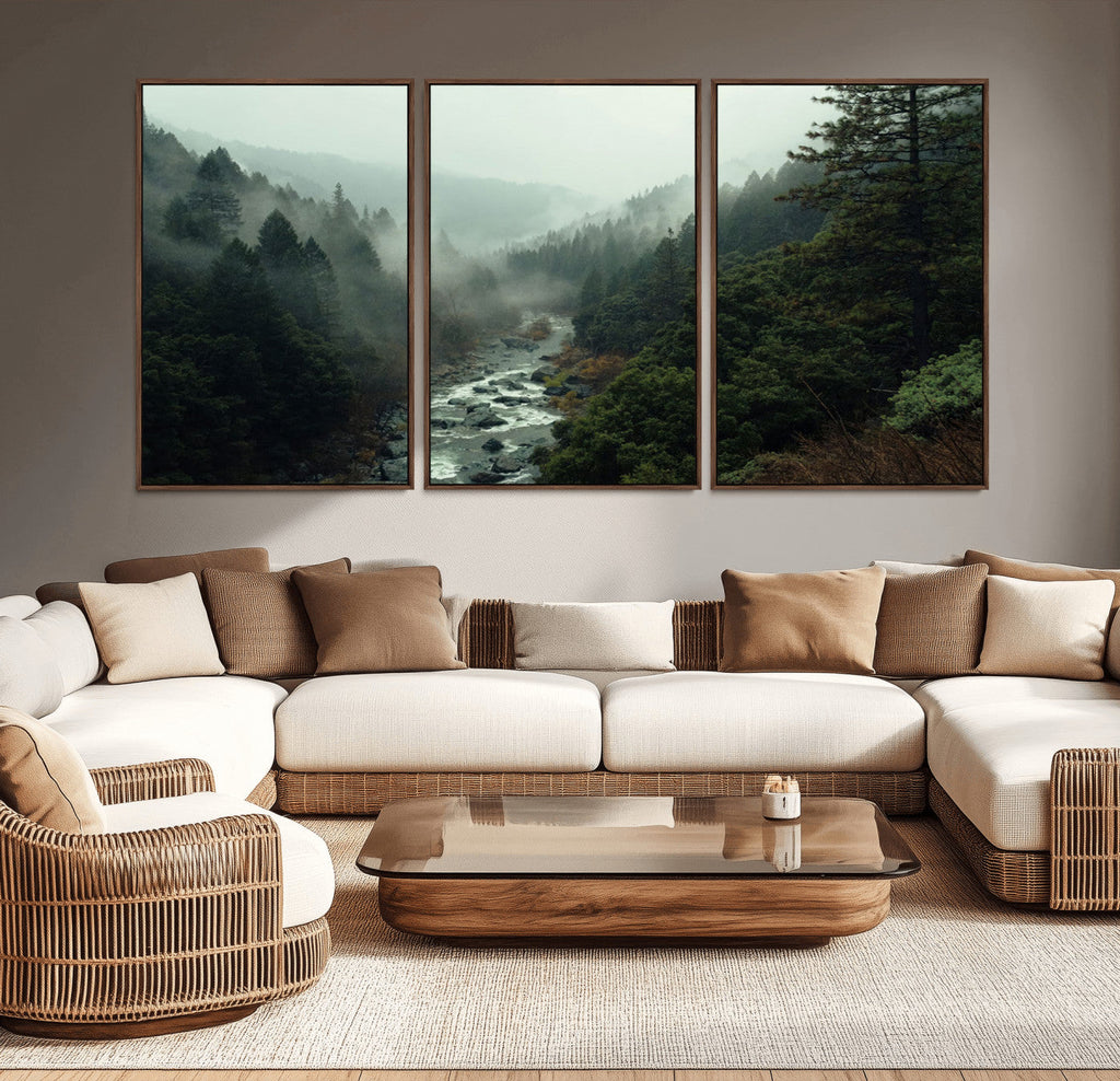 Misty Forest Wall Art, Tranquil Nature Landscape, Ready to Hang | Extra Large 3 Piece Canvas Wall Art