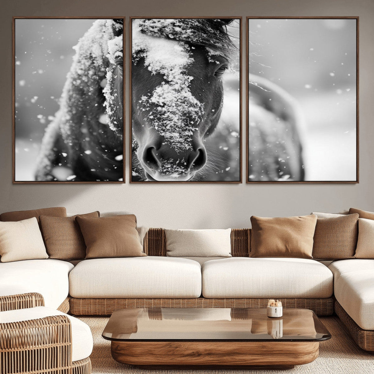 Black and White Horse Winter Wall Art, Ready to Hang