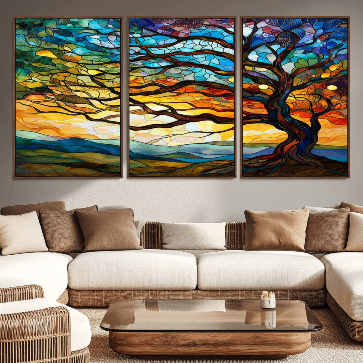 Vibrant Mosaic Tree of Life Wall Art, Stained Glass Style Canvas Print