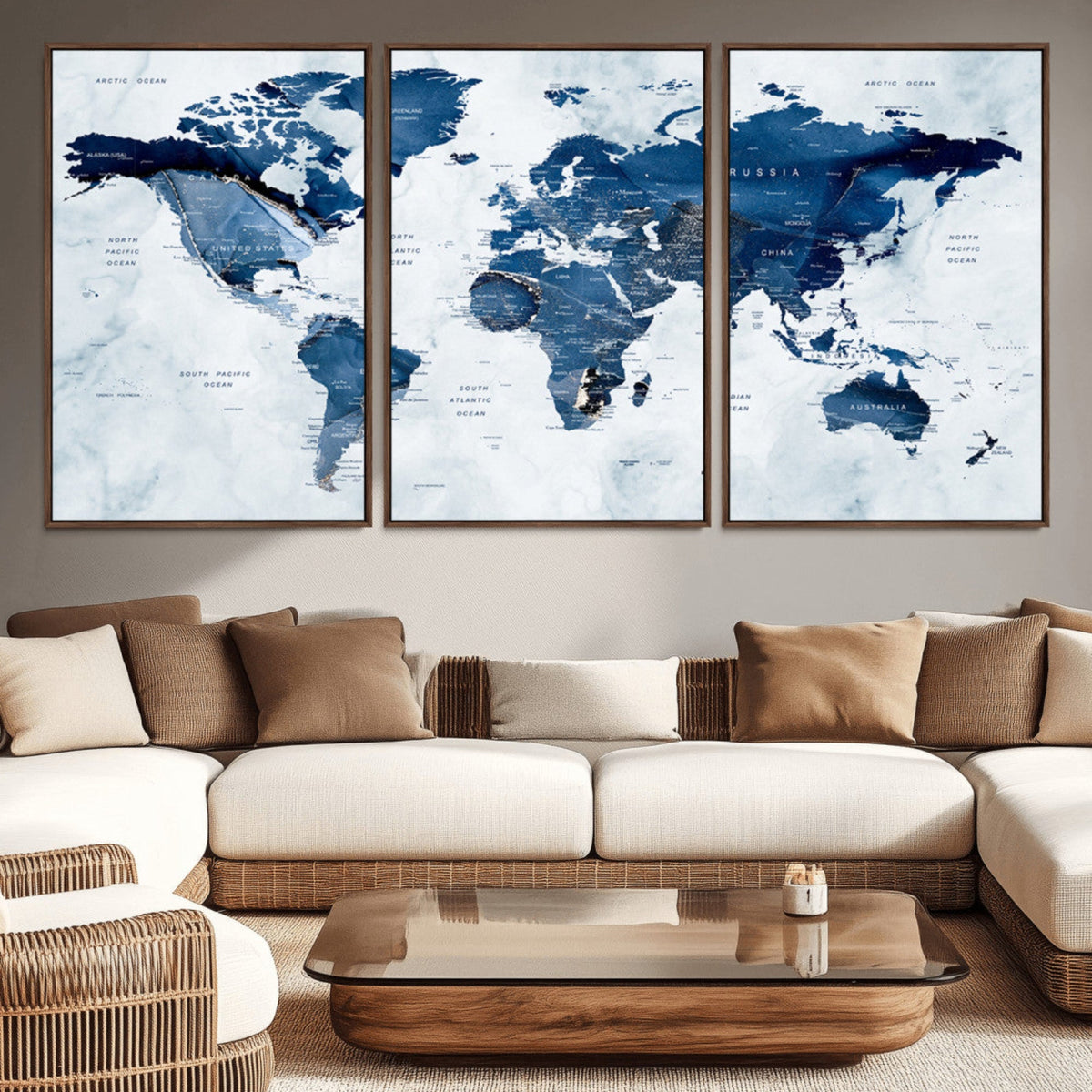 Modern Blue World Map Canvas Print | Elegant Travel Map Wall Art for Home Office