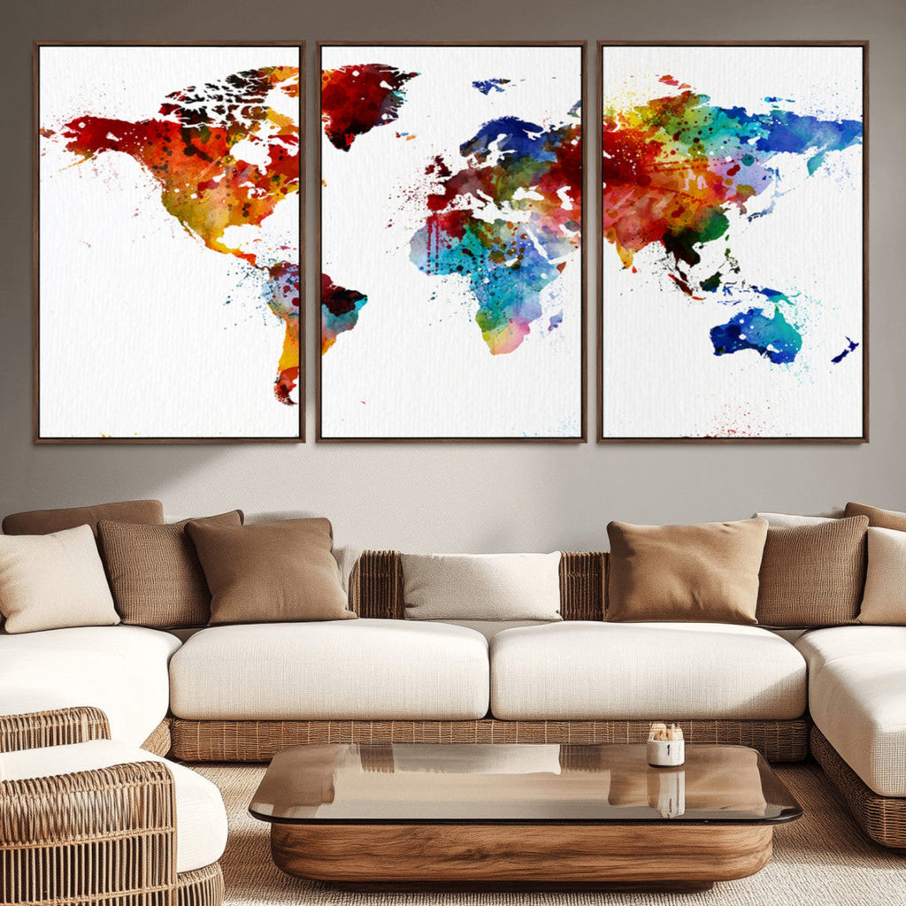 Colorful World Map Canvas Wall Art Print, Contemporary Global Map Artwork