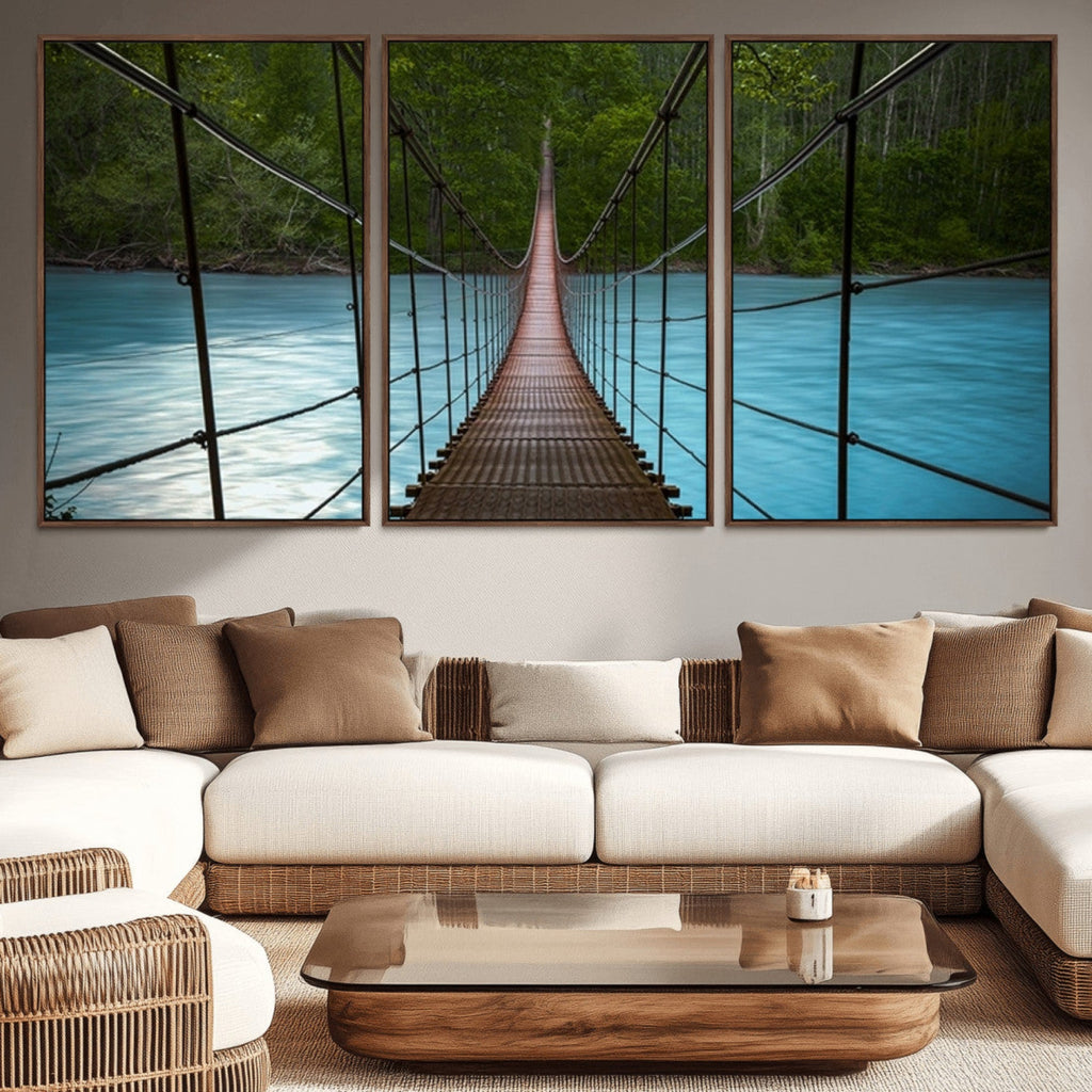 Suspension Bridge Over River Canvas Art | 3-Panel Nature Wall Art