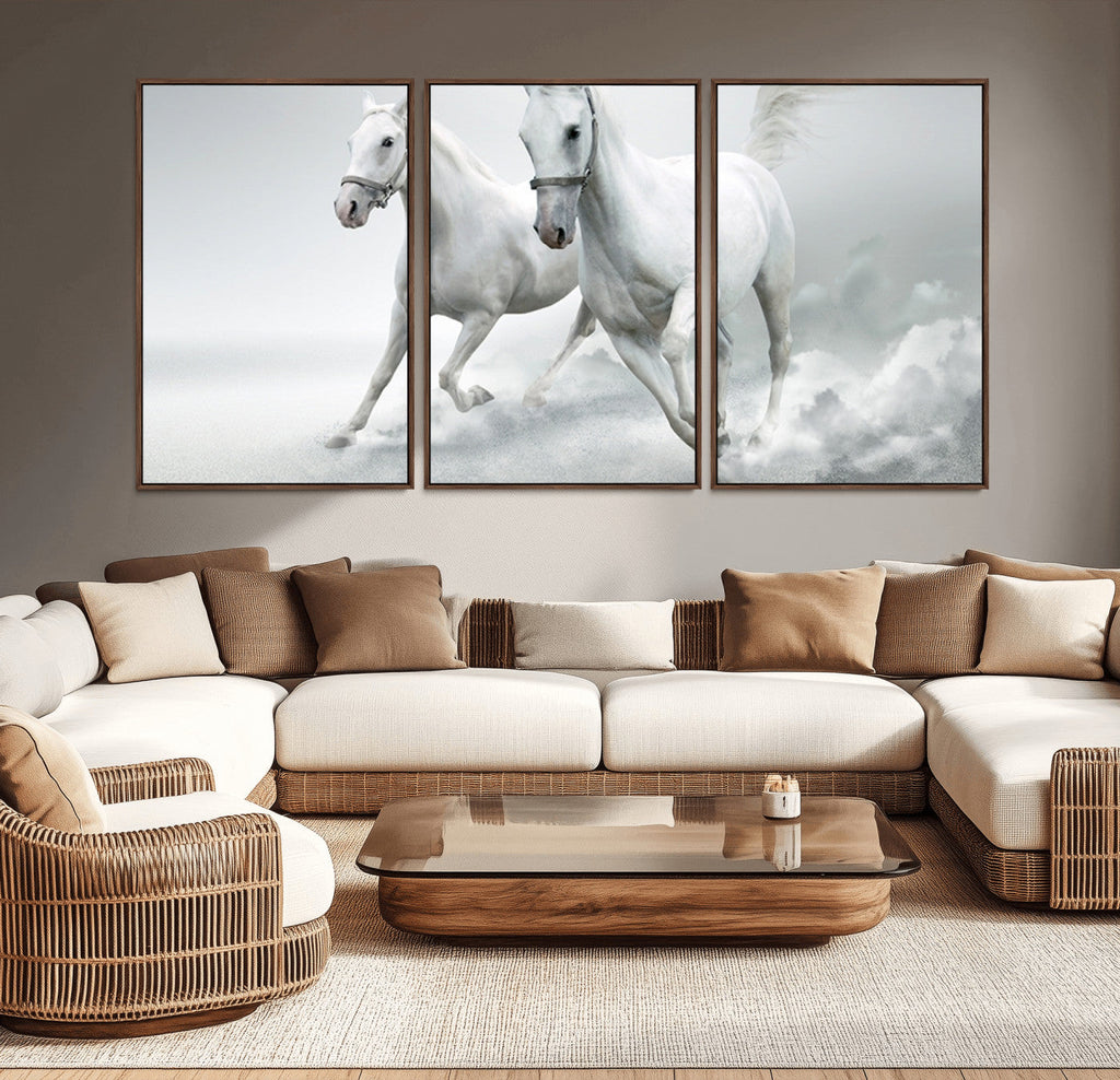 Large Wall Art Canvas Print, Beautiful Running White Horses